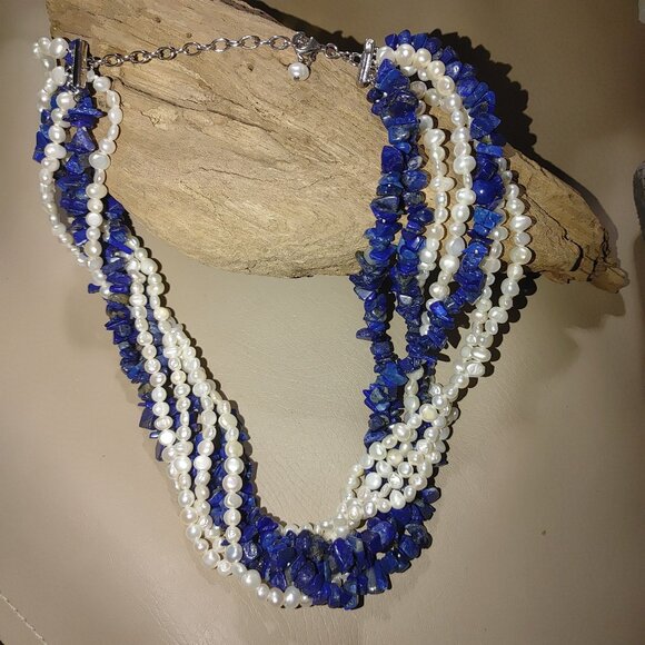 Necklace Multi Strand Lapis Lazuli Freshwater Pearl 925 Stamped Lobster Clasp - Picture 6 of 9